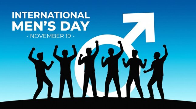 Men celebrating international men's day with raised arms and number 71