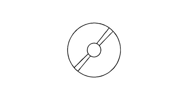 Optical disc with a central hole and a diagonal slot cut across its surface, drawn as a simple outline vector icon for data storage, music media and file backup
