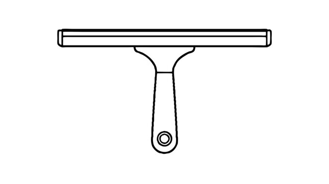 Window squeegee with a flat rubber blade on a rigid bar and a slim handle with a round hanging hole, drawn as a minimal outline vector icon for glass cleaning