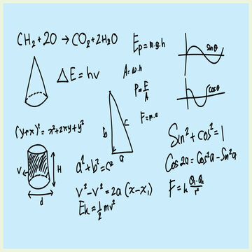 Minimalist line art doodle graphic illustration set of science, math, physics, and chemistry formulas, equations, and diagrams. Ideal for education app UI design.