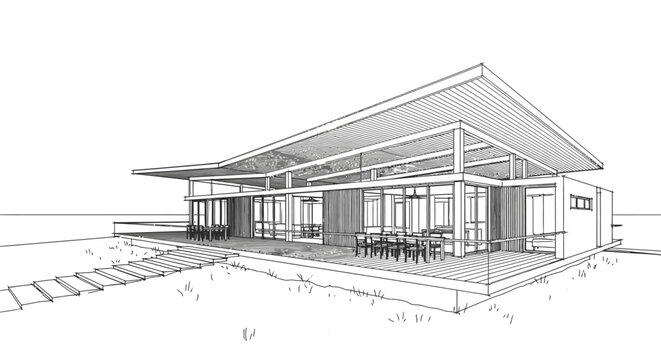 Architecture sketch illustrating a contemporary single story bungalow with an extended veranda and clean geometric lines presented as a clear blueprint outline over a plain white background surface.