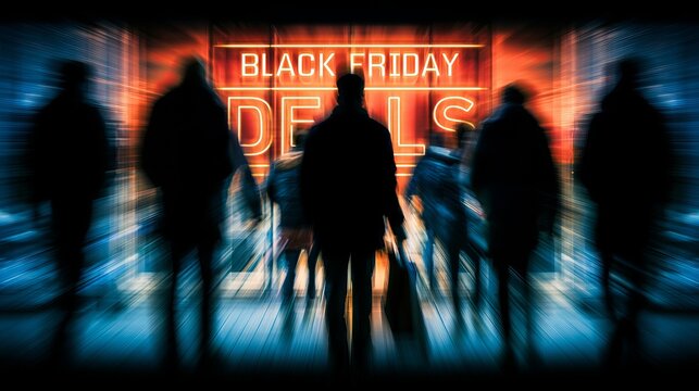 Crowded store entrance displaying bright Black Friday deals, people rushing towards discounts, consumerism concept