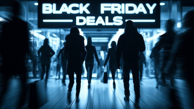 Crowded store entrance showcases vibrant Black Friday deals, attracting eager shoppers browsing through discounts