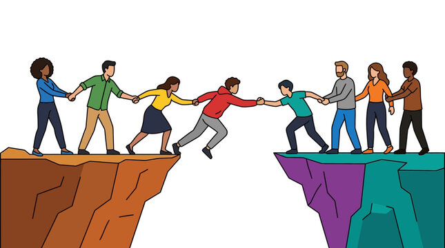 Diverse Group Connecting Two Cliffs Illustration