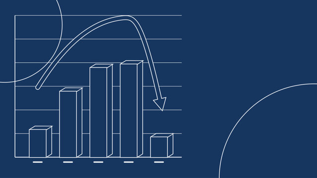 Abstract blueprint style bar chart showing declining trend with arrow