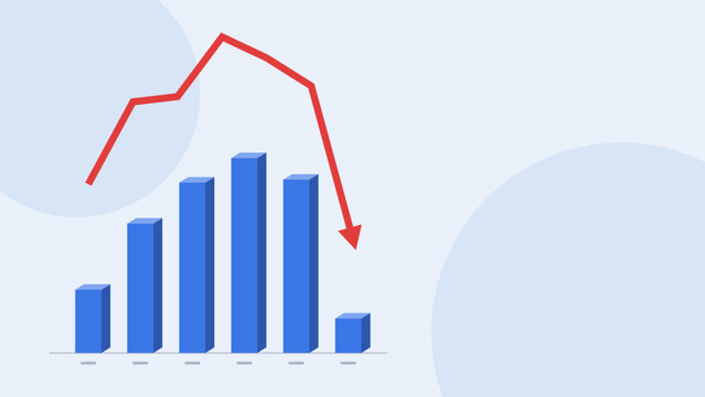 Business chart with bar graph and red line showing financial decline