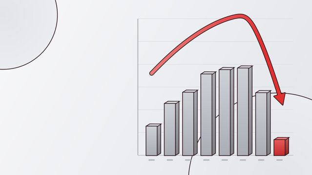 Bar chart showing economic downturn with a red arrow indicating sharp decline