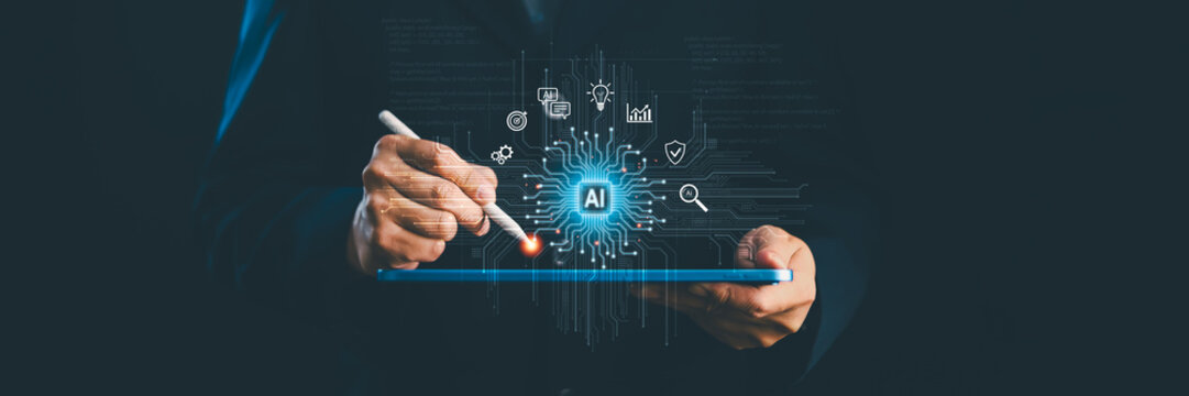 Business banner with copyspace, using digital tablet and AI artificial intelligence technology, data analytics and network innovation concept, smart business solution and futuristic transformation