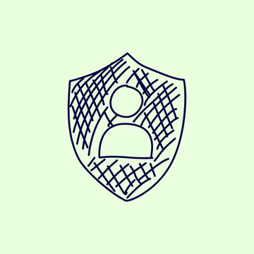 Minimalist line art doodle graphic illustration of a user profile icon inside a hatch-patterned security shield. Ideal design element for account privacy and app UI.
