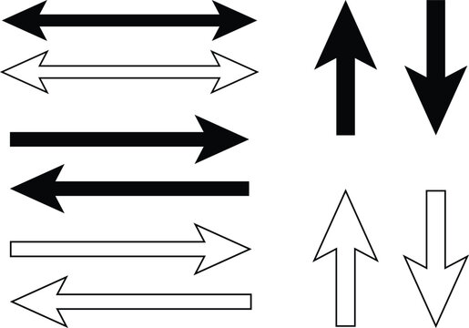 Set of black solid and outline arrows pointing left, right, up and down, including double-headed horizontal arrows, vector direction signs for infographic and web design