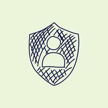 Minimalist line art doodle graphic illustration of a user profile icon inside a hatch-patterned security shield. Ideal design element for account privacy and app UI.