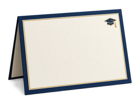 Blank graduation invitation card with blue border and gold cap icon isolated on transparent background