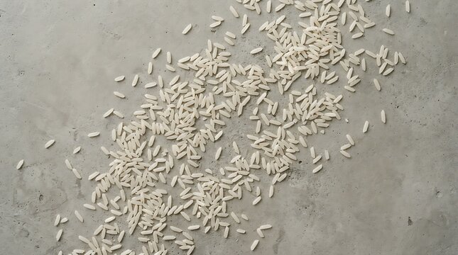 Scattered raw white rice grains on a grey concrete background, creating a textured, abstract pattern