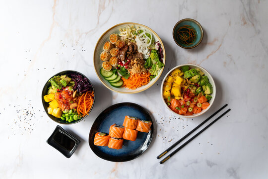 Healthy Asian Food Bowls and Fresh Sushi