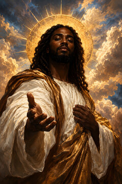 Black Jesus Christ Painting with a Glowing Golden Halo and Heavenly Clouds, Sacred Christian Religious Artwork, Black Jesus Poster
