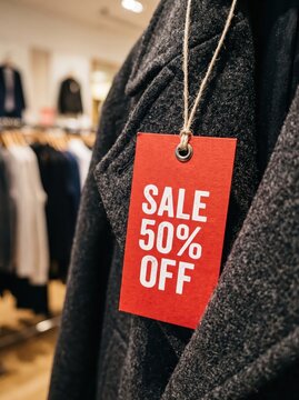 Red 50 percent off sale tag hanging on dark wool coat in clothing store. Retail discount and apparel shopping. Seasonal markdown promotion and bargain buying. Consumer savings