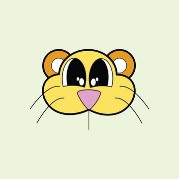 Minimalist cartoon graphic illustration of a cute yellow animal face with big eyes and whiskers. Ideal character mascot element for kids, pets, and game app UI design.