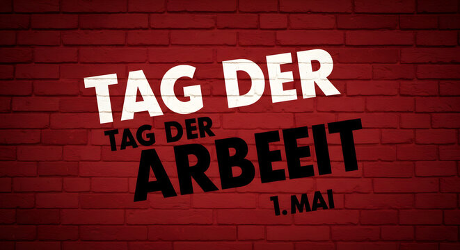 Celebratory May First Labor Day Announcement Featuring Bold Typography Against A Textured Red Brick Background For Public Holiday Recognition