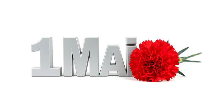 Silver 1 Mai Text Symbol Decorated with a Single Vibrant Red Carnation Flower Isolated on a Pure White Background for International Workers Day