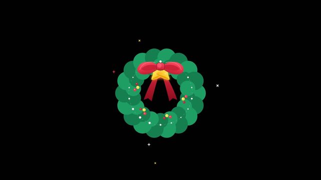 Animated green Christmas wreath with red bow and golden bell decorated with sparkling particles on black background in seamless 2D flat vector motion loop