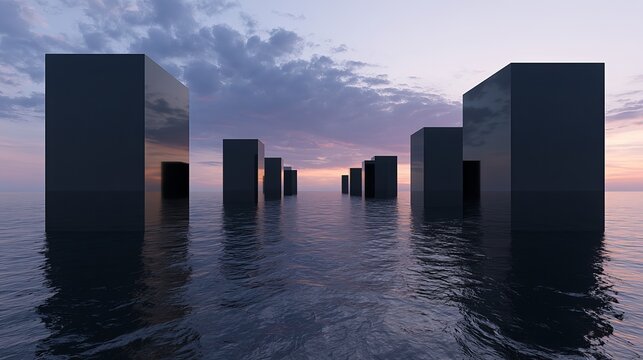 Abstract geometric pillars emerge from the calm ocean water, bathed in a soft, dusky twilight sky, presenting a serene concept