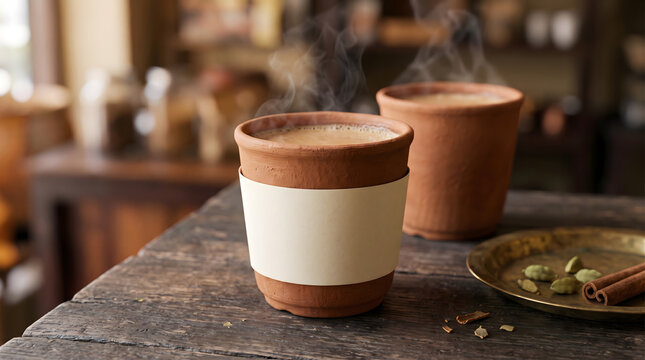 Kulhad clay cup of masala chai with blank paper band mockup on rustic wooden table in an Indian tea shop