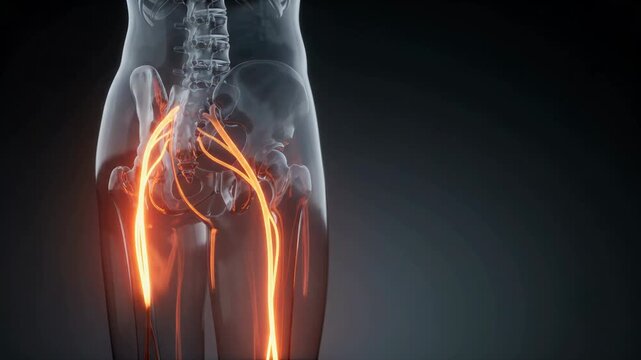 Sciatic Nerve Pain - Glowing Neural Pathway in Human Anatomy - 3D Medical Animation 4K Footage