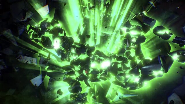 A fractured human suspended in a dark, cinematic void, its crystalline shards slightly separated. Volumetric shafts of shimmering light pierce through from behind.