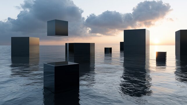 Dark geometric cubes floating above rippling water reflecting a sunset, representing abstract digital art and serene concept