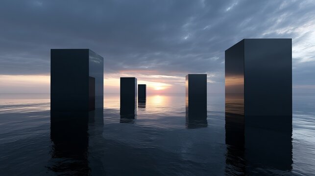 Abstract geometric pillars rise from calm water reflecting a moody sunset, representing strength, resilience, and future concepts