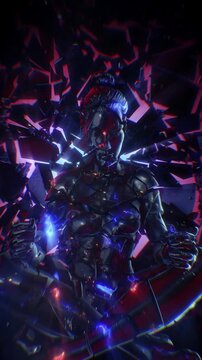 A fractured human suspended in a dark, cinematic void, its crystalline shards slightly separated. Volumetric shafts of shimmering light pierce through from behind.