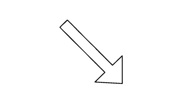 Hollow block arrow pointing down and to the right with a notched head, drawn as a clean black outline vector icon for decrease, trend or direction signs