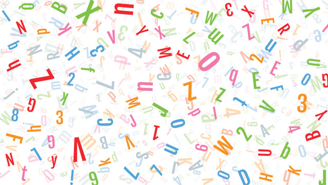 Colorful alphabet letters and numbers scattered on clean white background