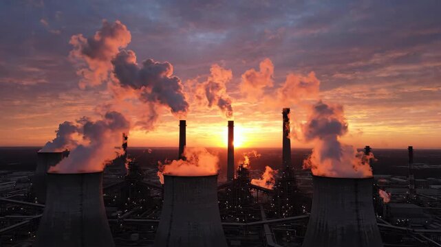 Dramatic sunset over an industrial power plant with smoking chimneys and cooling towers.