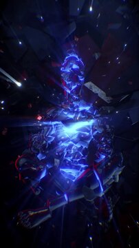 A fractured human suspended in a dark, cinematic void, its crystalline shards slightly separated. Volumetric shafts of shimmering light pierce through from behind.