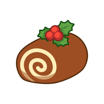 Cute Yule log cake icon, traditional Christmas dessert vector illustration