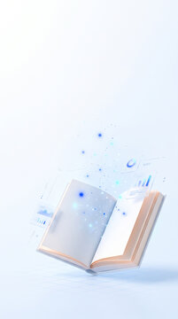 빛나는 입자와 데이터 패널이 떠오르는 펼친 책 &middot; Open Book with Glowing Particles and Data Panels