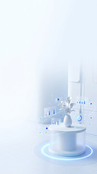원형 받침대 위 꽃병과 홀로그램 데이터 차트 &middot; Vase on Glowing Pedestal with Holographic Charts