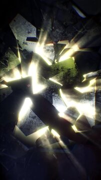 A dark cinematic backdrop of jagged fractured shards suspended in a void, pierced by volumetric shafts of shimmering light that cast long, ethereal glows across the broken surfaces.
