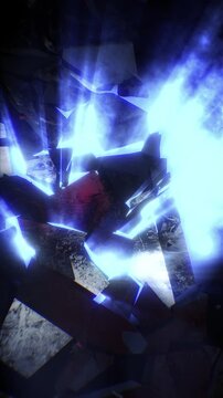 A dark cinematic backdrop of jagged fractured shards suspended in a void, pierced by volumetric shafts of shimmering light that cast long, ethereal glows across the broken surfaces.
