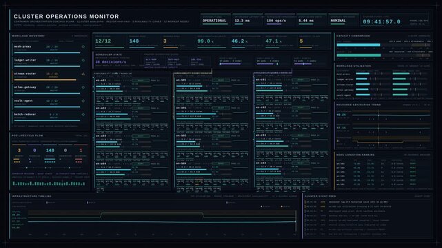 Sophisticated Kubernetes monitoring dashboard visualizing cluster health, resource utilization metrics, and workload distribution in a fictional container orchestration environment.