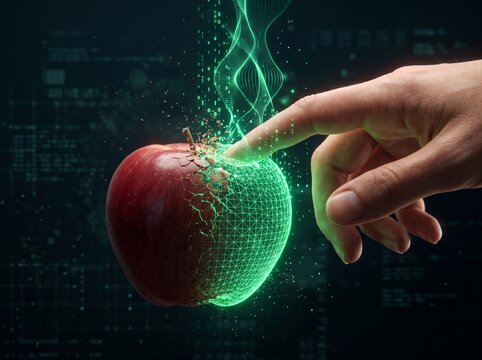 A human hand touching an apple, part of which disintegrates into green binary code. Matrix simulation, virtual reality concept. Digital illustration for poster