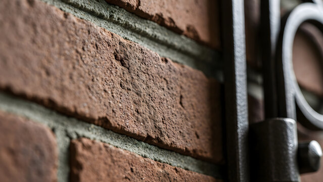 Close up architectural perspective of textured red clay brick wall masonry with rustic decorative iron metal work railing feature
