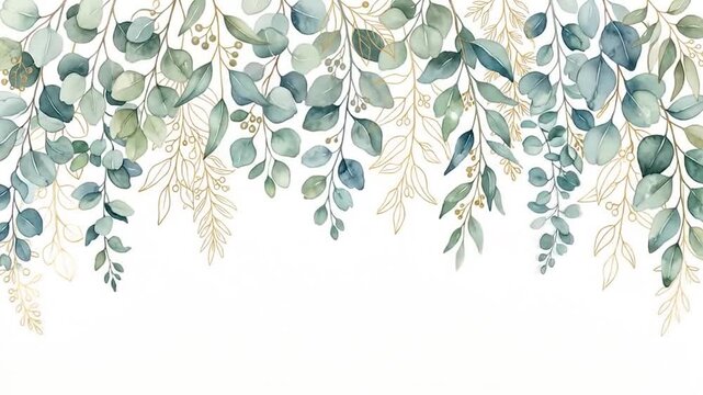 Watercolor eucalyptus leaves hanging border animation with golden branches