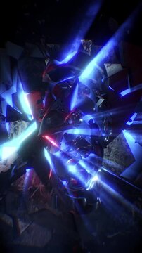 A fractured human head suspended in a dark, cinematic void, its crystalline shards slightly separated. Volumetric shafts of shimmering light pierce through from behind.
