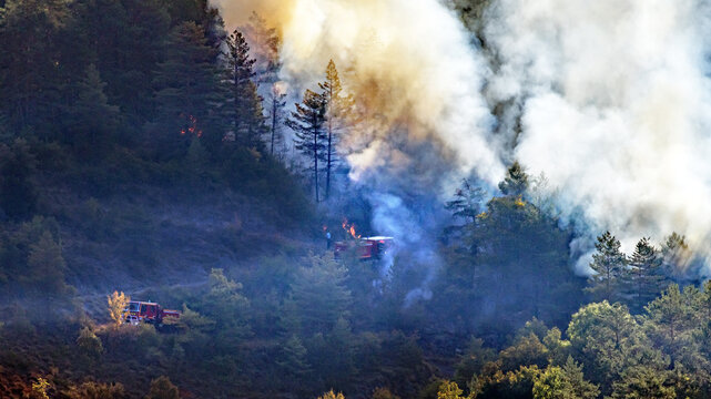 Starting forest fire very near the village of Axat, in the French Pyrenees (Aude department); a fire truck is near the fire