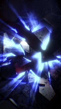 A dark cinematic backdrop of jagged fractured shards suspended in a void, pierced by volumetric shafts of shimmering light that cast long, ethereal glows across the broken surfaces.
