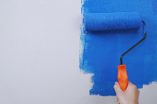 Roller Brush Painting, Worker painting on surface wall Painting apartment, renovating with blue color paint. Leave empty copy space white to write descriptive text beside.
