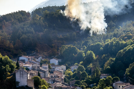 Starting forest fire very near the village of Axat, in the French Pyrenees (Aude department)