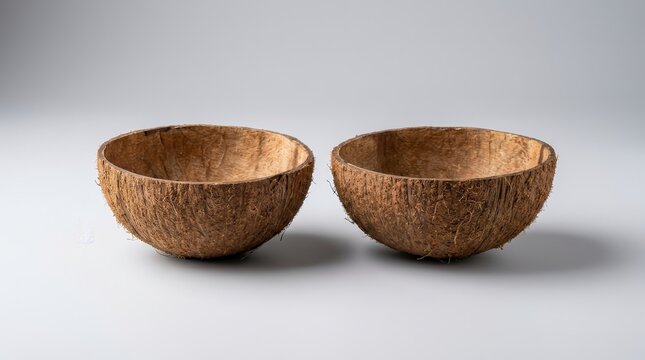 A pair of empty coconut shells with textured brown surfaces on a plain gray backdrop.